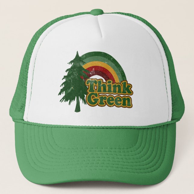 Retro 70s Rainbow, Think Green Trucker Hat (Front)