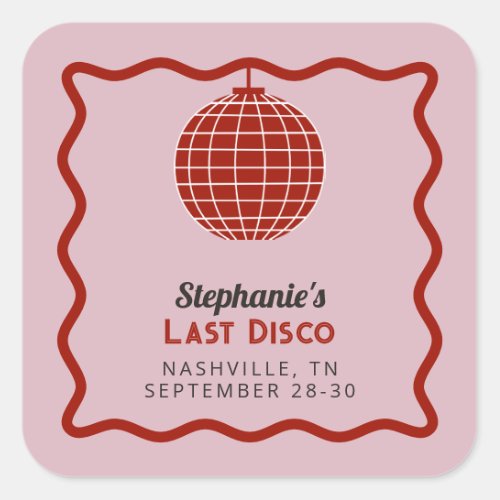 Retro 70s Red and Pink Last Disco Bachelorette  Square Sticker