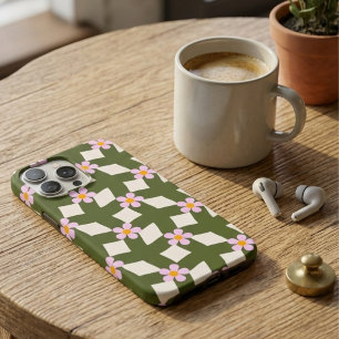 Retro 70s Sage Green Geometric Floral Pattern iPhone 16 Pro Max Case