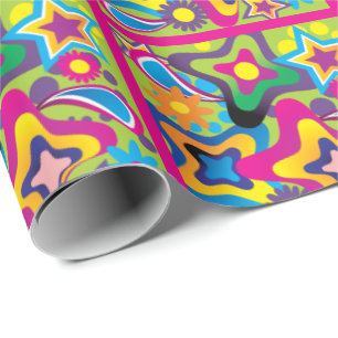 Retro 70s shapes in bright colors wrapping paper