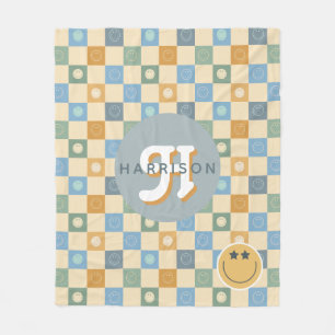 Retro 70s Smile Face Boho Checkered Fleece Blanket