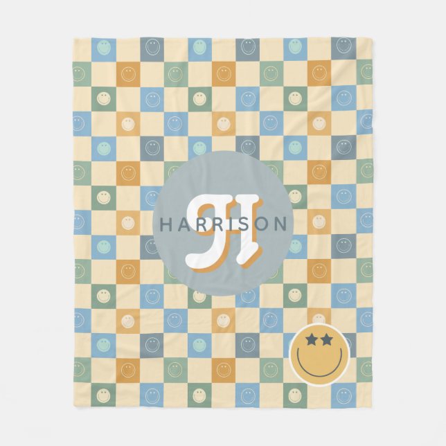 Retro 70s Smile Face Boho Checkered  Fleece Blanket (Front)