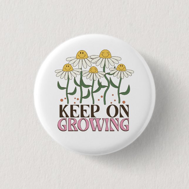 Retro 70s Smiley Face Daisy Keep On Growing Button (Front)