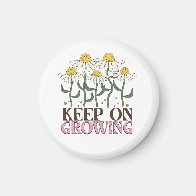 Retro 70s Smiley Face Daisy Keep On Growing Magnet (Front)