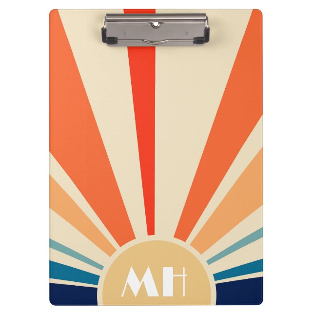 Retro 70s Starburst Sunrise Stripes Monogram    Clipboard (Front)