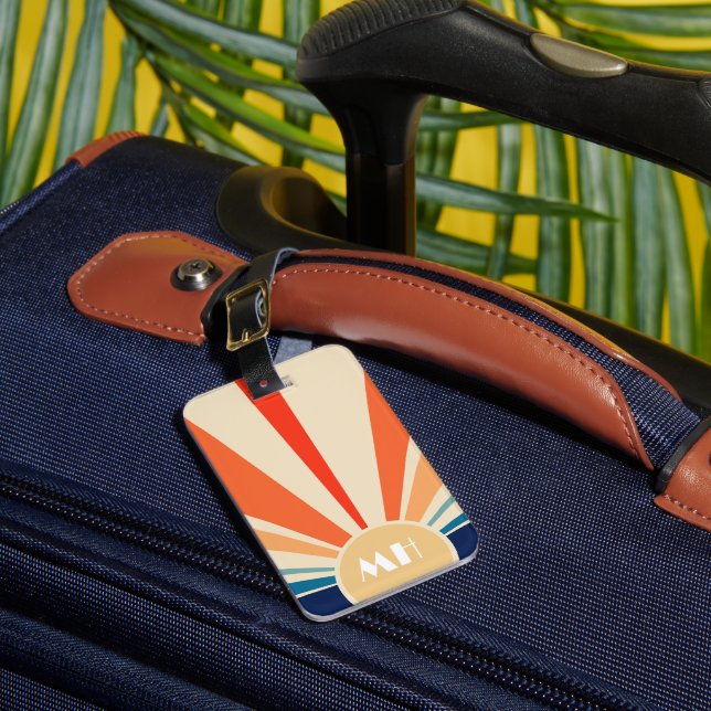 Retro 70s Starburst Sunrise Stripes Monogram   Luggage Tag (Front Insitu 1)