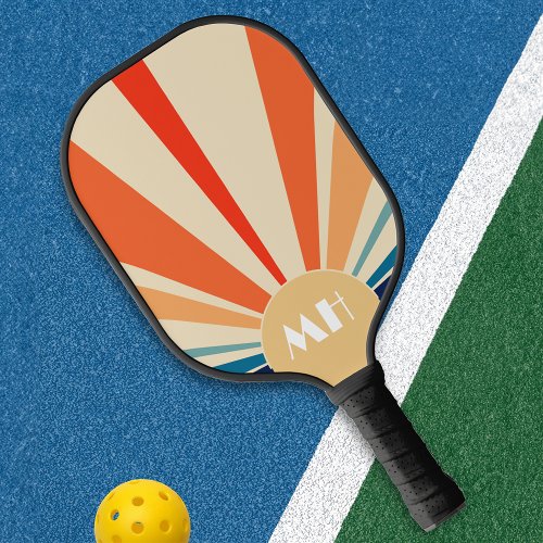 Retro 70s Starburst Sunrise Stripes Monogram  Pickleball Paddle