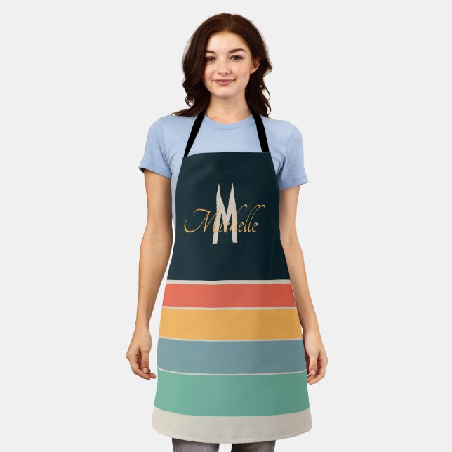 Retro 70s Stripe Navy Blue & Mustard Monogram Name Apron (Worn)