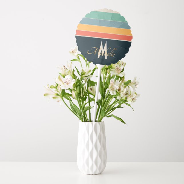 Retro 70s Stripe Navy Blue & Mustard Monogram Name Balloon (Vase)