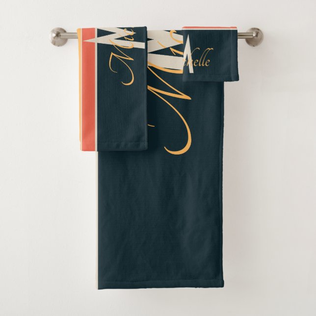Retro 70s Stripe Navy Blue & Mustard Monogram Name Bath Towel Set (Insitu)