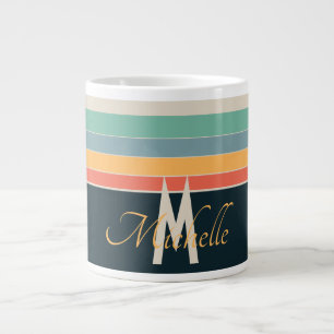 Retro 70s Stripe Navy Blue & Mustard Monogram Name Giant Coffee Mug