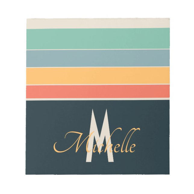 Retro 70s Stripe Navy Blue & Mustard Monogram Name Notepad (Front)