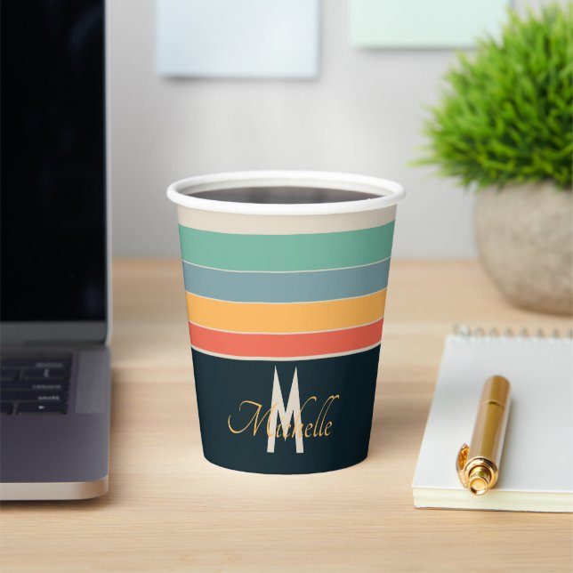 Retro 70s Stripe Navy Blue & Mustard Monogram Name Paper Cups (Insitu)