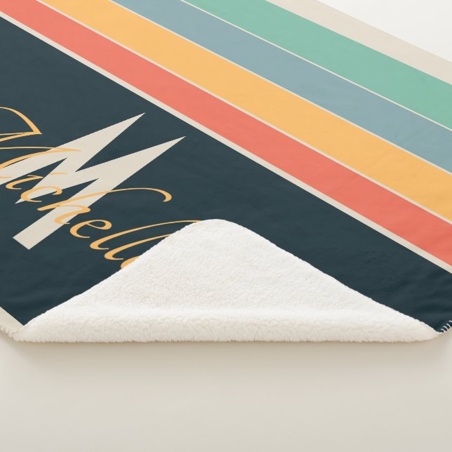 Retro 70s Stripe Navy Blue & Mustard Monogram Name Sherpa Blanket (3/4)