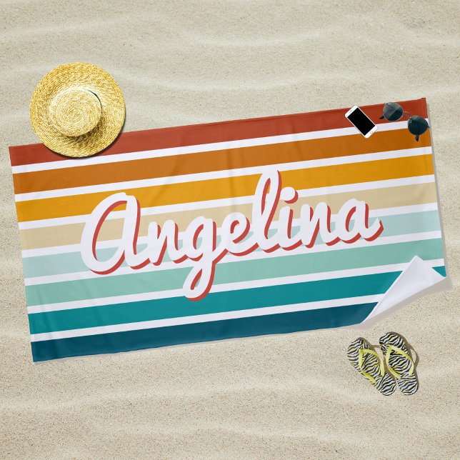 Retro 70s Stripe Personalized Name Beach Beach Towel (Creator Uploaded)