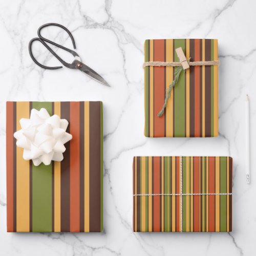 Retro 70s Stripes Brown Avocado Orange Mustard Wrapping Paper Sheets