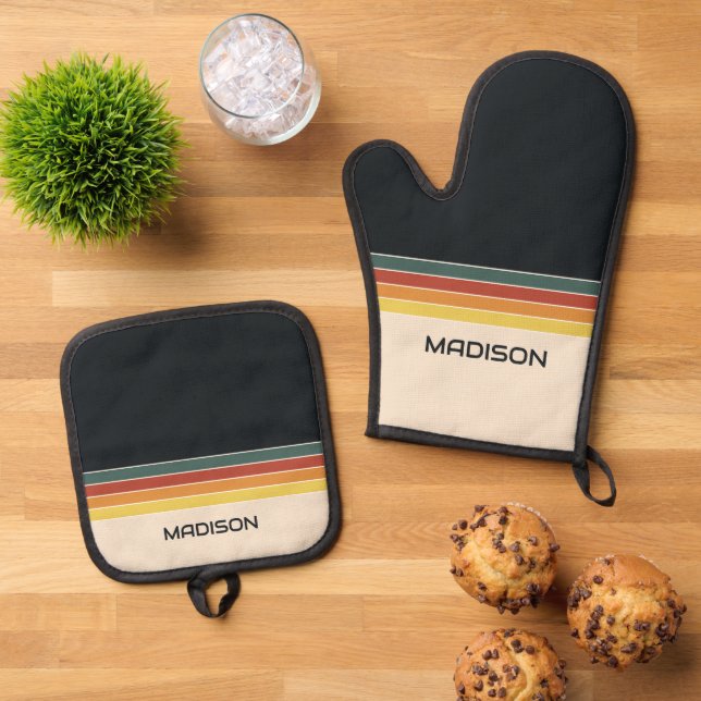 Retro 70s Stripes Personalized Oven Mitt & Pot Holder Set (Top Down)