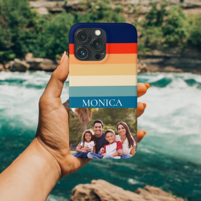 Retro 70s Stripes Photo Modern Template Monogram Case-Mate iPhone Case (Creator Uploaded)