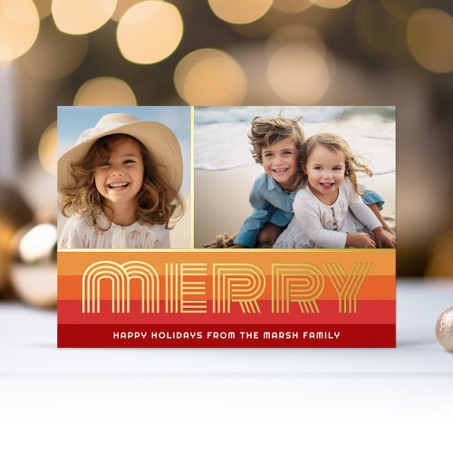 Retro 70s Stripes with Golden Red Colors _ 2 Photo Foil Holiday Card