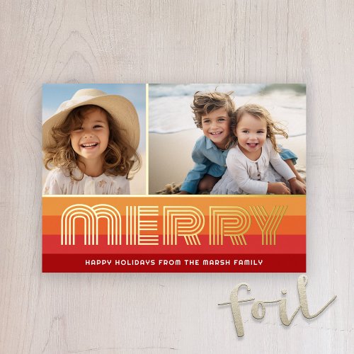 Retro 70s Stripes with Golden Red Colors _ 2 Photo Foil Holiday Postcard