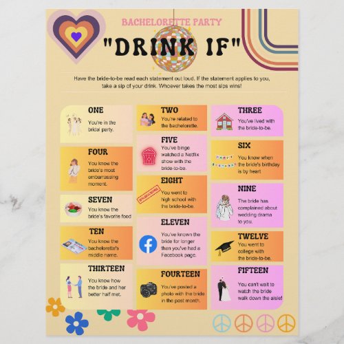 Retro 70s Style Bachelorette Party Drink If Game