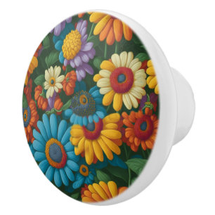 Retro 70s style colorful daisies ceramic knob