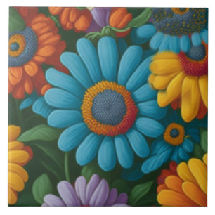 Retro 70s style colorful daisies ceramic tile