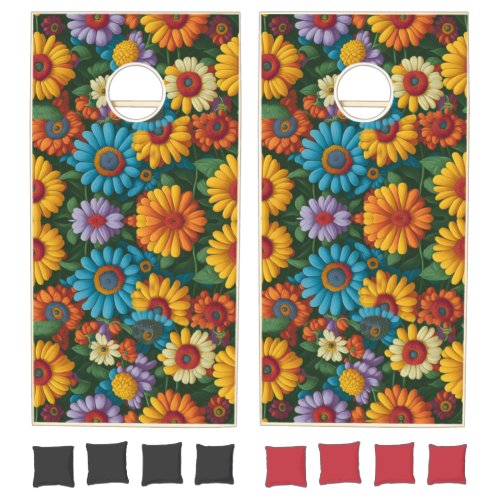 Retro 70s style colorful daisies  cornhole set