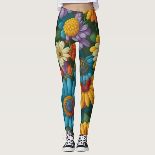 Retro 70s style colorful daisies  leggings (Front)