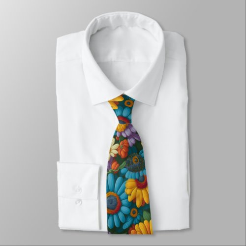 Retro 70s style colorful daisies  neck tie