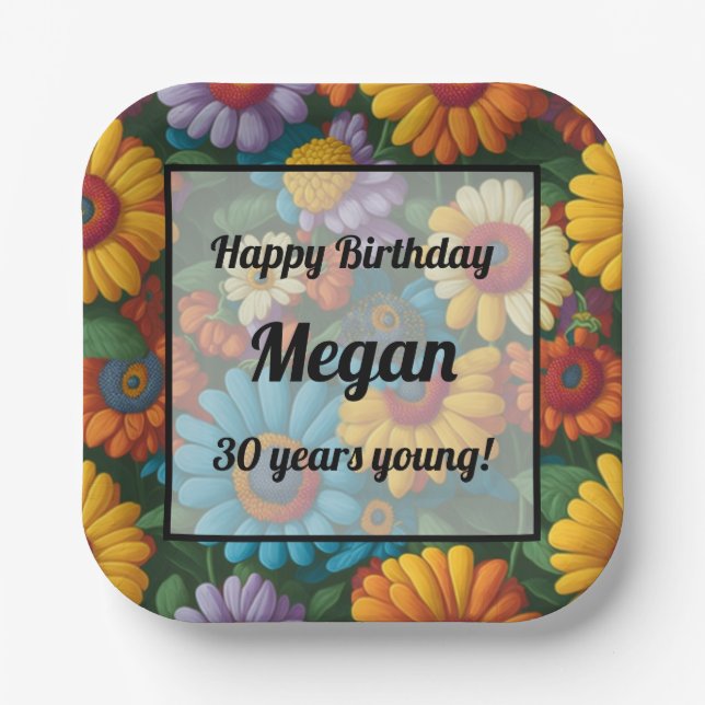 Retro 70s style colorful daisies  paper plates (Front)