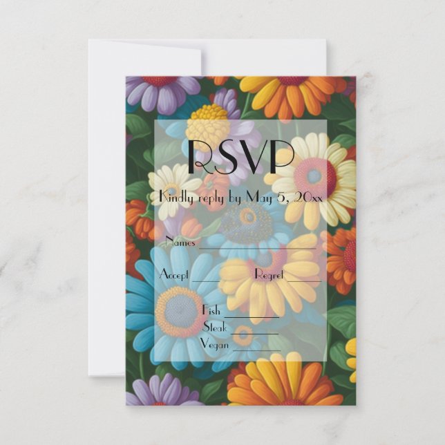 Retro 70s style colorful daisies  RSVP card (Front)