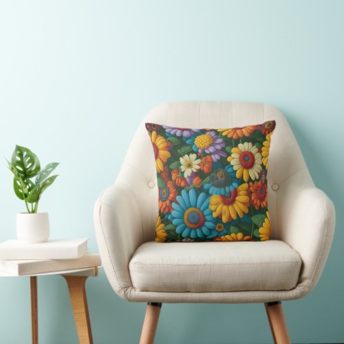 Retro 70s style colorful daisies  throw pillow