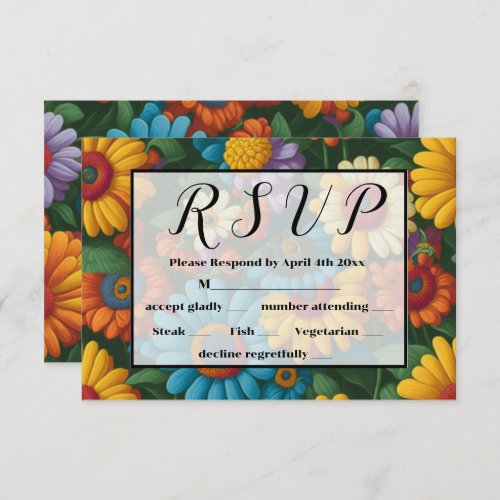 Retro 70s style colorful daisies vintage flowers RSVP card