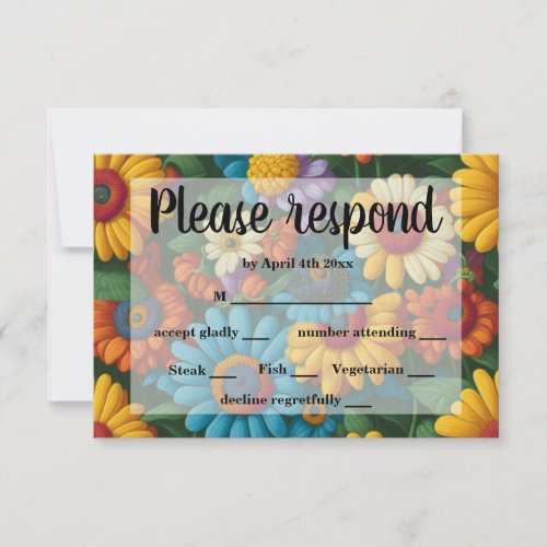 Retro 70s style colorful daisies vintage flowers RSVP card