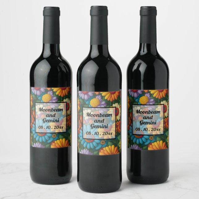 Retro 70s style colorful daisies  wine label (Bottles)