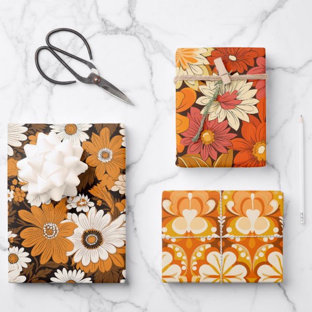 Retro 70s style floral pattern wrapping paper sheets (Front)