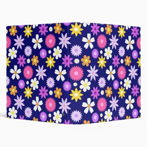 Retro 70s Style Flower Big Pattern on Dark Blue 3 Ring Binder