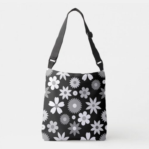 Retro 70s Style Flower Lg Monochrome Pattern Crossbody Bag