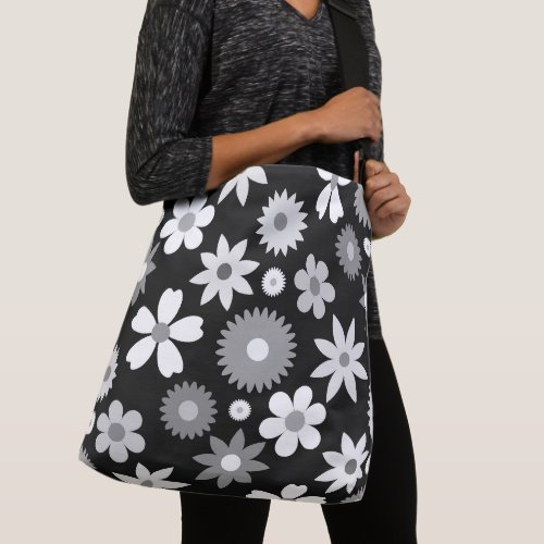 Retro 70s Style Flower Lg Monochrome Pattern Crossbody Bag