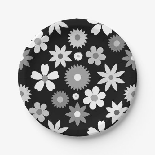 Retro 70s Style Flower Lg Monochrome Pattern Paper Plates