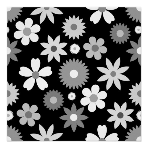 Retro 70s Style Flower Lg Monochrome Pattern Poster