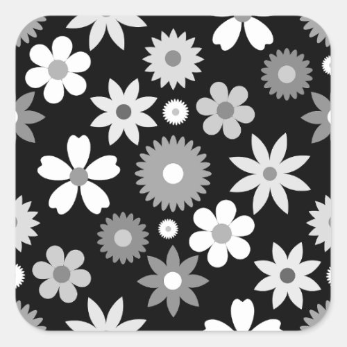 Retro 70s Style Flower Lg Monochrome Pattern Square Sticker