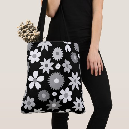 Retro 70s Style Flower Lg Monochrome Pattern Tote Bag