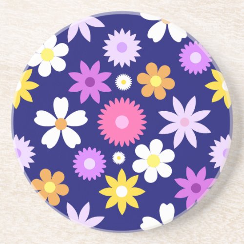 Retro 70s Style Flower Lg Pattern on Dark Blue Coaster