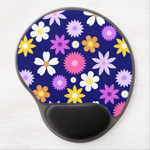 Retro 70s Style Flower Lg Pattern on Dark Blue Gel Mouse Pad