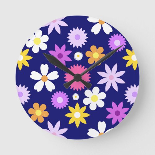 Retro 70s Style Flower Lg Pattern on Dark Blue Round Clock