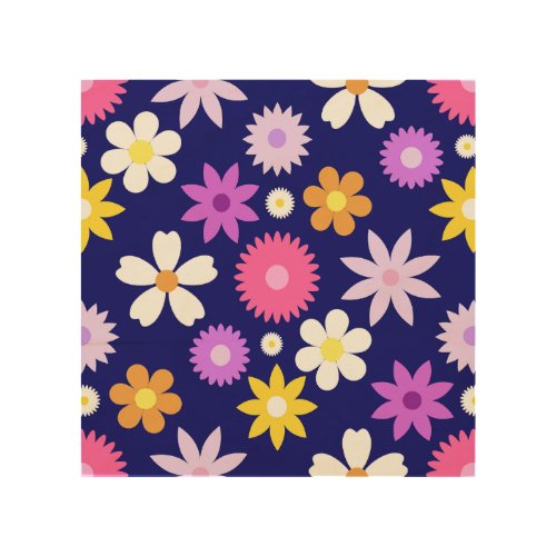 Retro 70s Style Flower Lg Pattern on Dark Blue Wood Wall Art