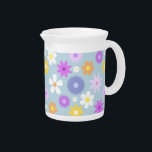 Retro 70s Style Flower Lg Pattern Pastel Colors Beverage Pitcher<br><div class="desc">70s style retro mixed flower surface pattern design in pastel colors on a pale powder blue background.</div>
