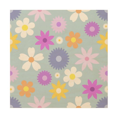 Retro 70s Style Flower Lg Pattern Pastel Colors Wood Wall Art